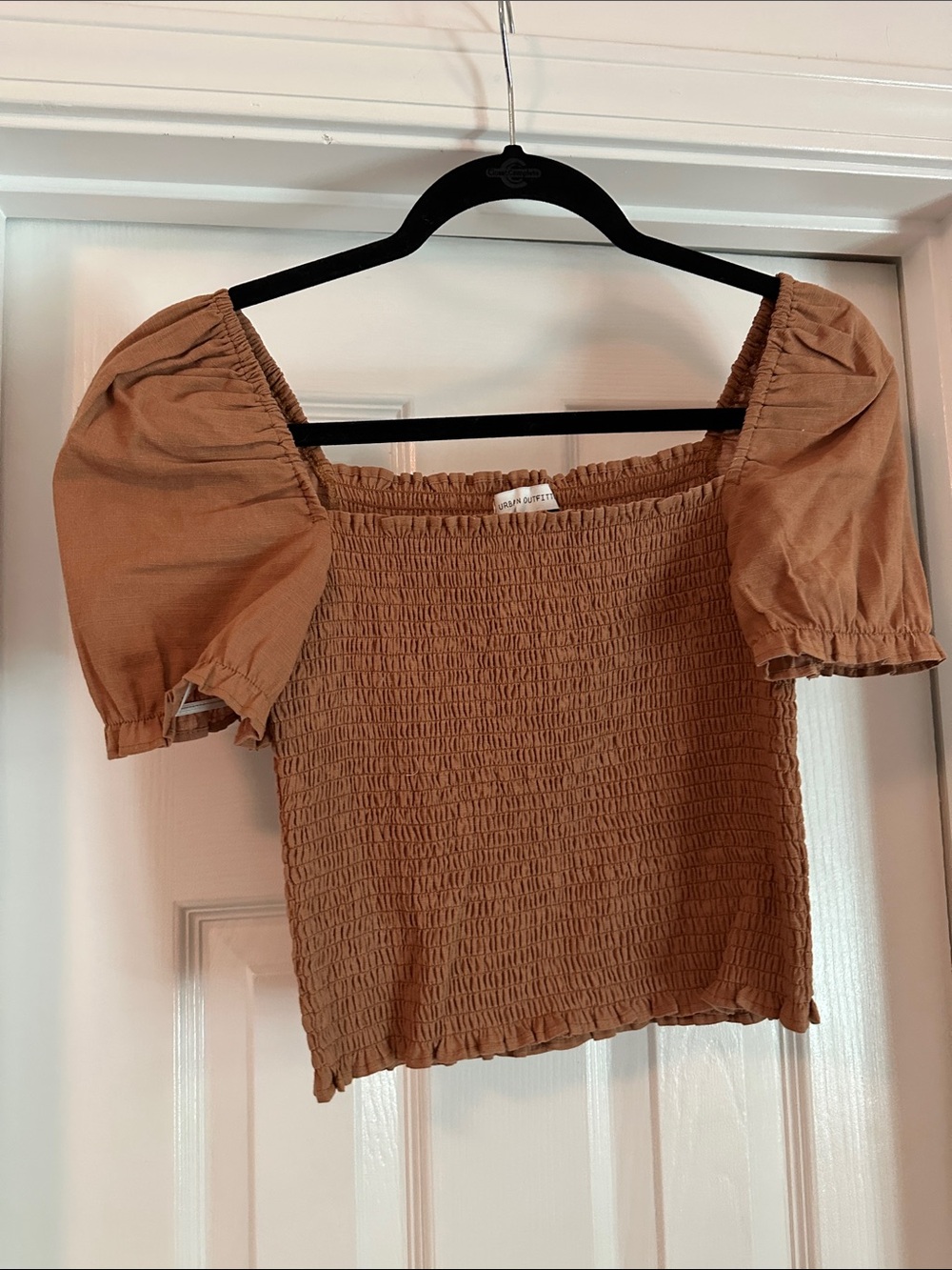 Urban Outfitters Sabrina Smocked Puff-Sleeve Crop Top - Tan